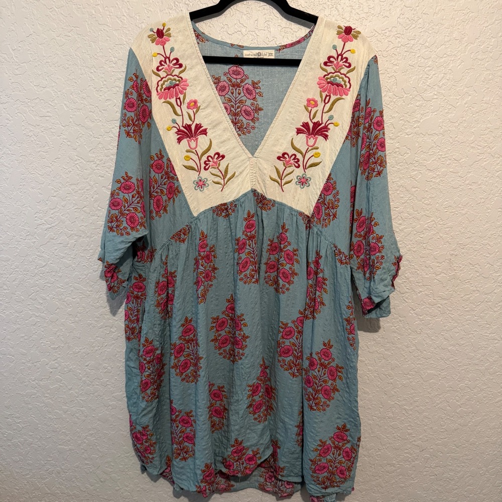 Natural Life Embroidered Floral Babydoll Tunic Dress XXL Boho Cottagecore